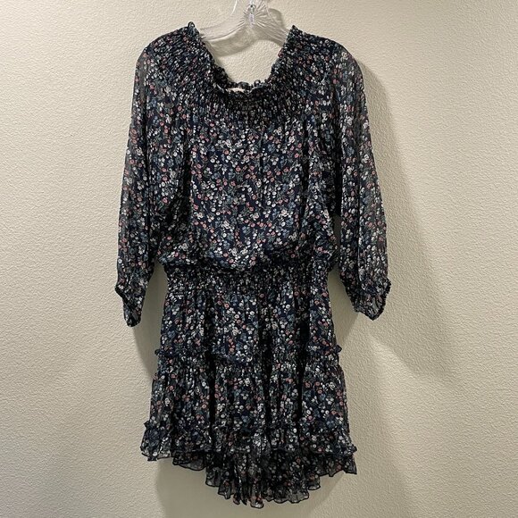 MUCHE MUCHETTE Off Shoulder Floral Tiered Mini Dress Navy Pink Size OS - Picture 2 of 9